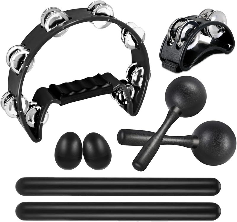 MOONBACK 8 Pcs Tambourines for Adults Metal Jingles Half Moon Tambourine, Foot Tambourine, Wood Rhythm Sticks，Egg Shakers, Sand Hammer, Hand Percussion Instrument Set for Party, KTV - Image 1